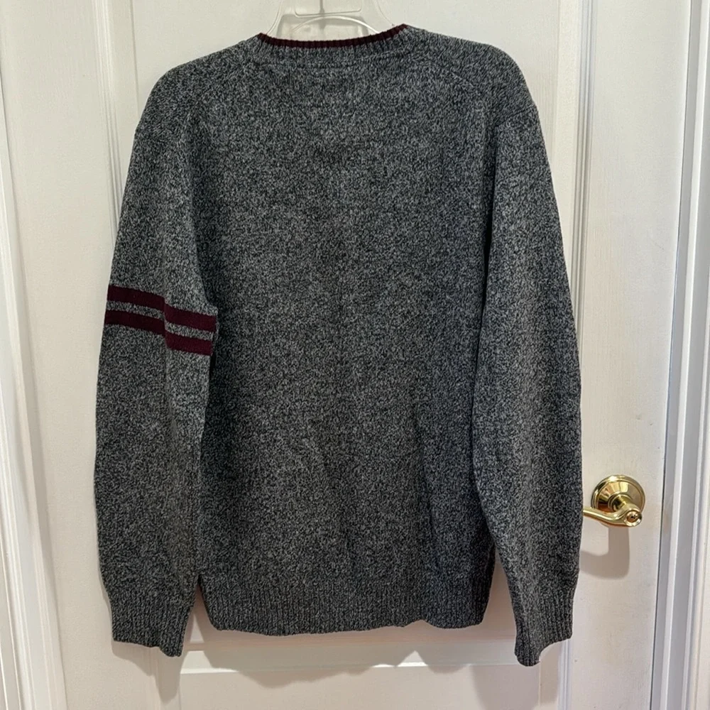TOMMY HILFIGER V Neck Lambswool Sweater Gray Marled Burgundy Stripes L Large $70